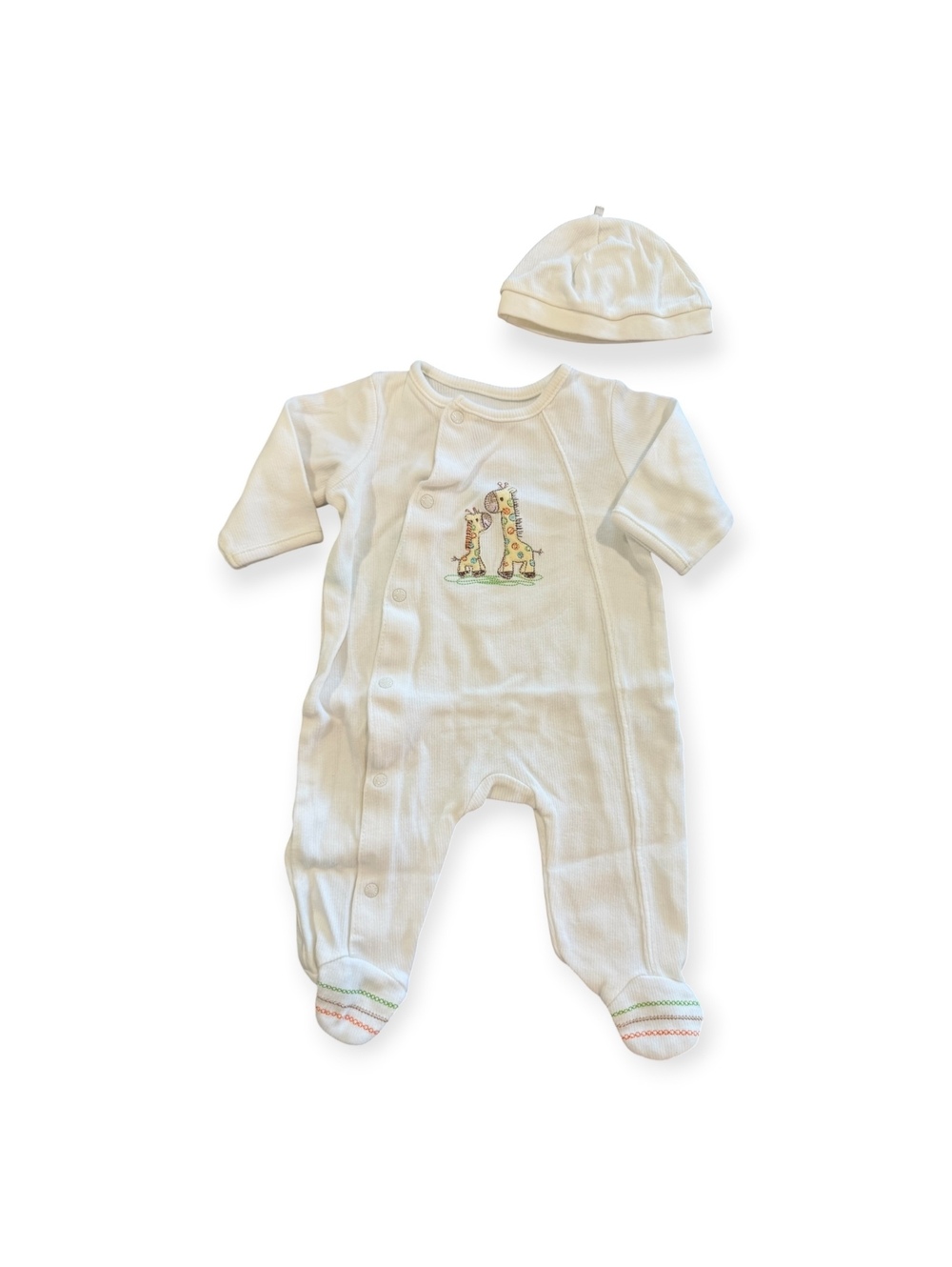Little Me Baby 3M White Footed Sleeper with Giraffe Embroidery and Matching Hat